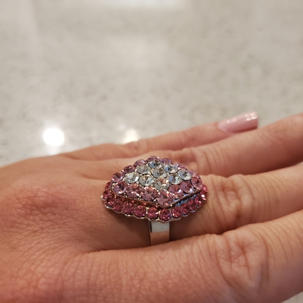 Pink Silver Rhinestone Statement Ring Adjustable … - image 2